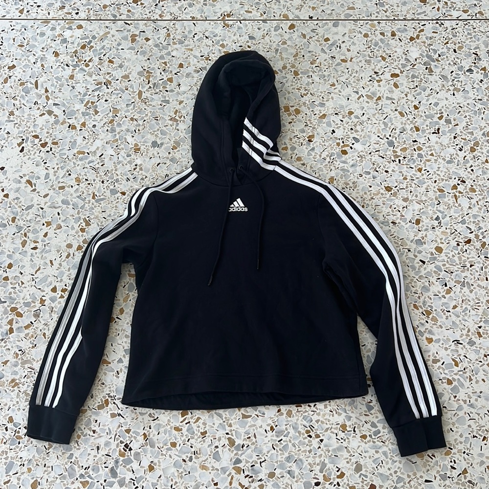 ADIDAS BLACK CROPPED SWEATSHIRT WITH HOODIE